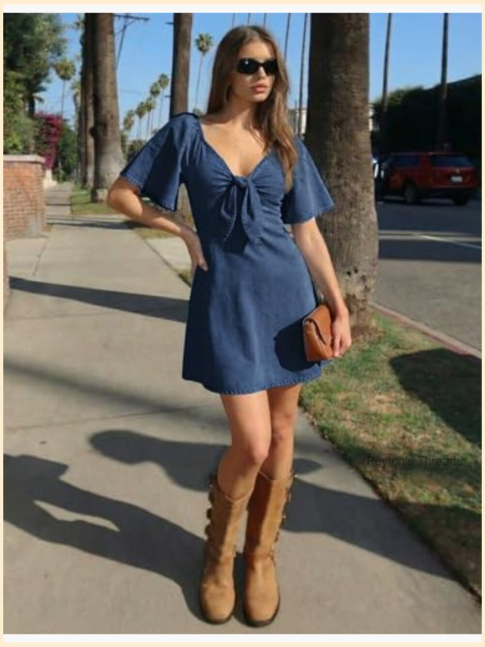 Tie Front Flutter Sleeve Fit & Flare Denim Dress Casual - Picture 3 of 7